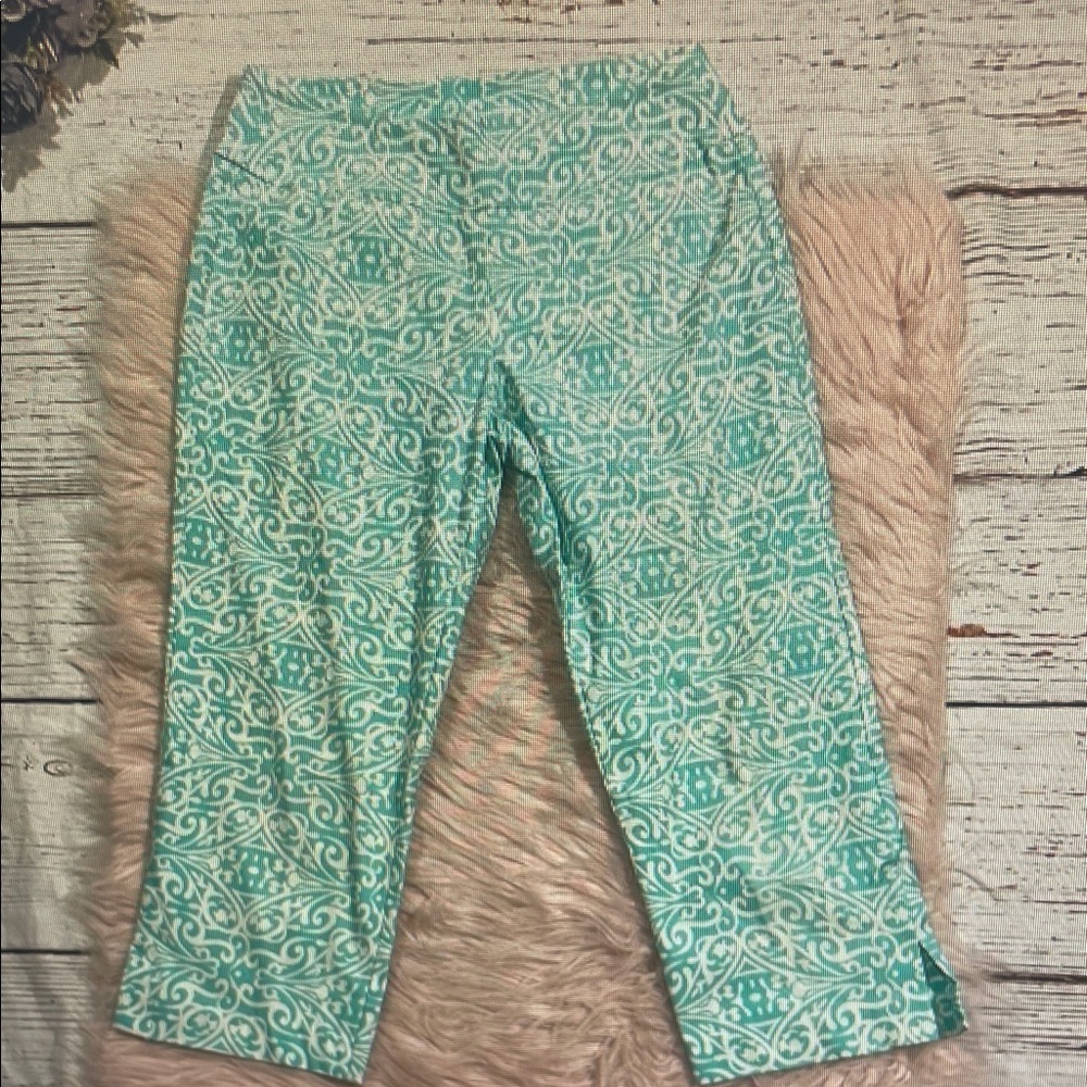 Lulu-B High Rise Blue White Baroque Geometric Ankle Pants